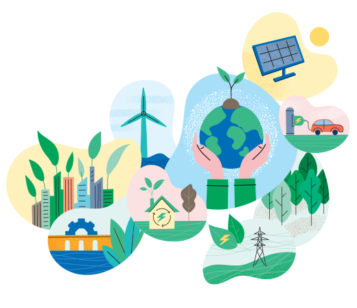 Cette image représente divers projets d’énergie propre, notamment des panneaux solaires, des voitures électriques, des éoliennes, de l’hydroélectricité et des maisons vertes.